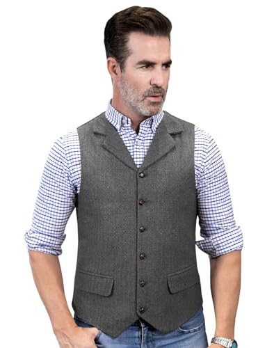 Men's Herringbone Tweed Suit Vest Casual Wool Blend Waistcoat Western Classic Mens Vest