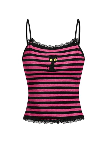 Floerns Women's Sleeveless Cat Embroidery Striped Scoop Neck Contrast Lace Cami Tops Pink X-Small