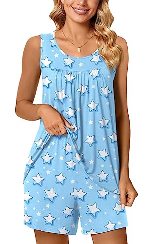 Image of POPYOUNG Pajama Set for Women Summer 2 Piece Lounge Shorts Sets Sleepwear | Womens Pajama Sets Cooling pijamas de mujer for Summer with Pockets Sleeveless Nightwear Outfits Pjs Shorts Set