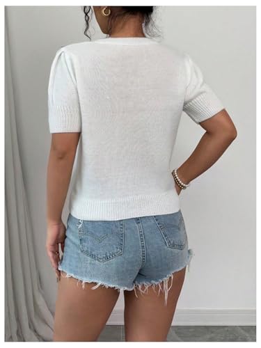 OYOANGLE Women's Colorful Bow Short Sleeve Sweater Crew Neck Tight Hem Knitted Pullover Tops3