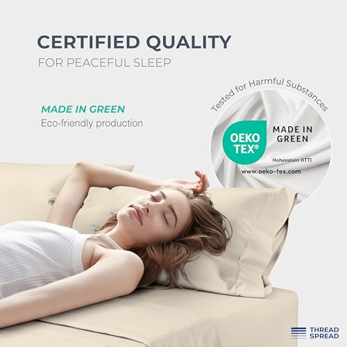 Image of THREAD SPREAD 100% Egyptian Cotton King Size Sheets Set - Luxury 1500 Series Egyptian Cotton Sheets King Size, 17 inch Deep Pocket, Soft, Cooling Sateen Weave Hotel Quality Bedding Set - Beige
