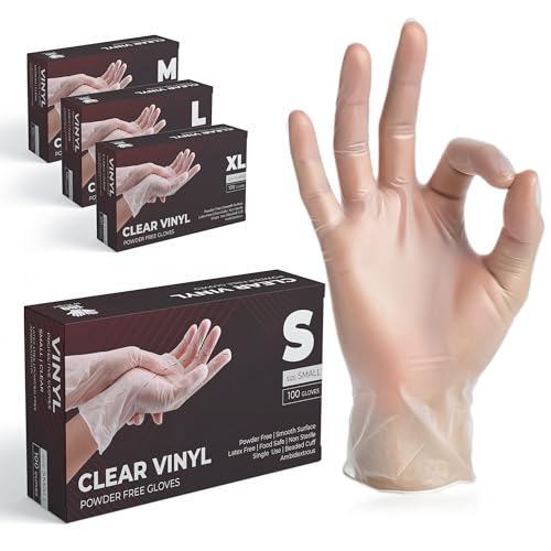 The Real Touch Einweghandschuhe, Transparente Vinylhandschuhe - Box mit 100 Stück, Einmalhandschuhe Puderfrei und Latexfrei, Vinyl Handschuhe Einweg für Küche, Reinigung und Lebensmittel (S)