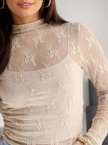 Lace Tops for Women See Through Lace Undershirt Mesh Long Sleeve Blouse Mock Neck Sheer Tops2