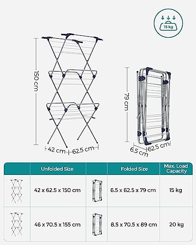 SONGMICS Foldable Clothes Airer, Clothes Drying Rack, Compact Clothes Horse Dryer, Laundry Rack, Steel Frame, 42 x 62.5 x 150 cm, 15 m Drying Space, Indoor Outdoor Use, Grey LLR715G01 - Image 6