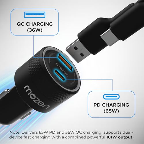 Image of MOZEN by Amkette Drive Max 101W Car Charger Type C 65W + USB-A 36W Dual Port Fast Car Charger, ABS Build with Metallic Shell with Voltsafe and Smartflux for Mobile, Tablets & Laptops