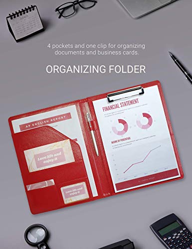 Image of Mymazn Padfolio Clipboard Folder Portfolio, Faux Leather Storage Clipboard with Cover for Legal Pad Holder Letter Size A4 Writing Pad for Business School Office Conference Notepad Clip Boards (Red)