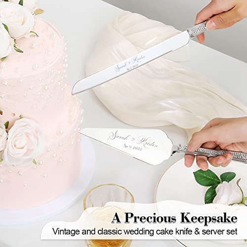 Wedding Cake Knife And Server Set, Personalized Cake Cutting Set, Engraved Elegant Cake Cutters With Sparkling Diamonds, Custom Pie Spatula And Cake Knife, Birthday Bridal Quinceañera Gift (Silver 2) #TOP1