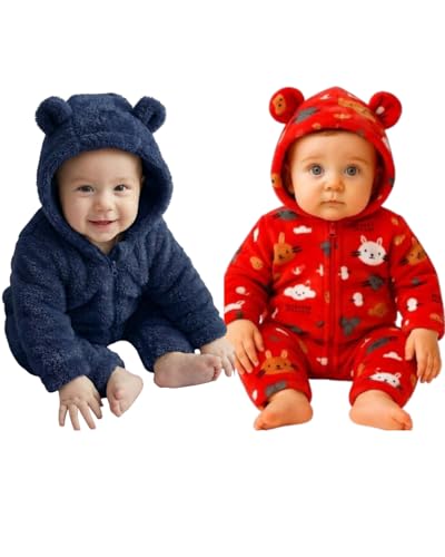 Image of BABYZONE Fluffy Fleece Baby Romper - Hooded Bear Ear Winter Jumpsuit for Boys & Girls