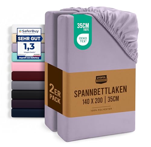 Utopia Bedding - 2er Set Spannbettlaken 140x200cm - Lavendel - Oeko-Tex Zertifiziertes - Gebürstete Mikrofaser Spannbetttuch - 35 cm Tiefe Tasche