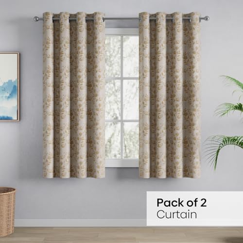 Image of haus & kinder Jacquard Window Curtains 5 Feet Long Pack of 2 Window Curtains, 5 Feet Curtains for Window (Leaf Meadow, Lemon 130x152 CM)