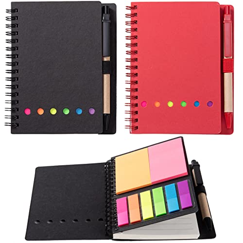 WILFANS 2 Packs Spiral Notebook Steno Pads Lined Notepad with Pen in Holder, Sticky Notes, Page Marker Colored Index Tabs Flags, 4.73\"x5.9\" Kraft Paper Cover Small Pocket Notebooks (Black/Red)