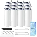 Hiipoo 12 Pack Sublimation Tumblers Blank 20 oz Straight Skinny with Sublimation Papers, Lids and Straws, Shrink Wrap Films, Stainless Steel Double Wall Insulated Tumbler for Mug Press Machine