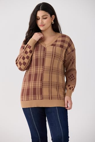 Image of CARCOS Plus Size Sweaters for Curvy Women Long Sleeve Cable V Neck Sweater Knit Pullover Preppy Style Fall Winter XL-5XL