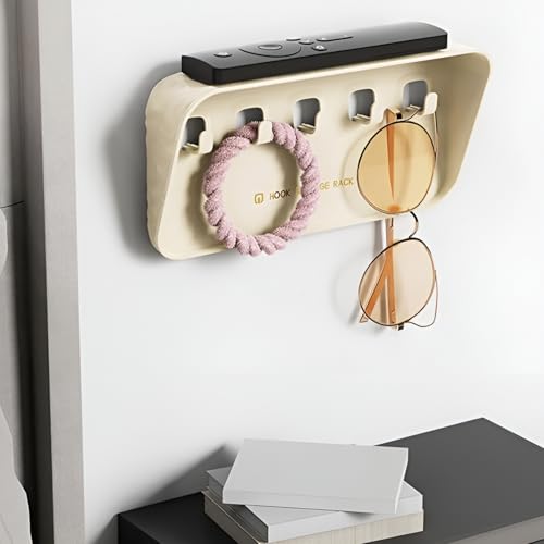 Image of JRM 6 Hook Wall Utensil Rack - Adhesive Plastic Holder for Kitchen, Bathroom & Door - Adjustable Hanger for Towels, Coats, Clothes - Space-Saving Organizer (STOARGE Rack with 5 Hooks, Pack of 3)