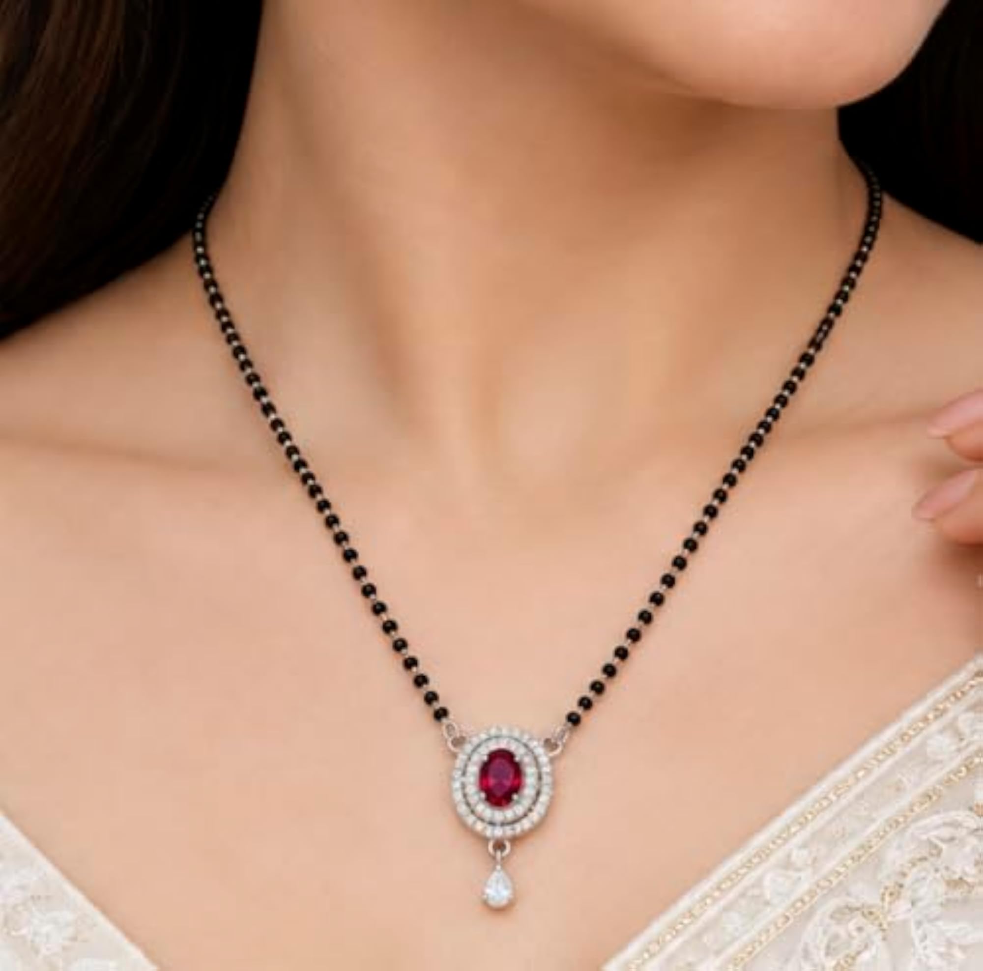 925 Sterling Silver Mangalsutra with Black Beads & Ruby Red CZ