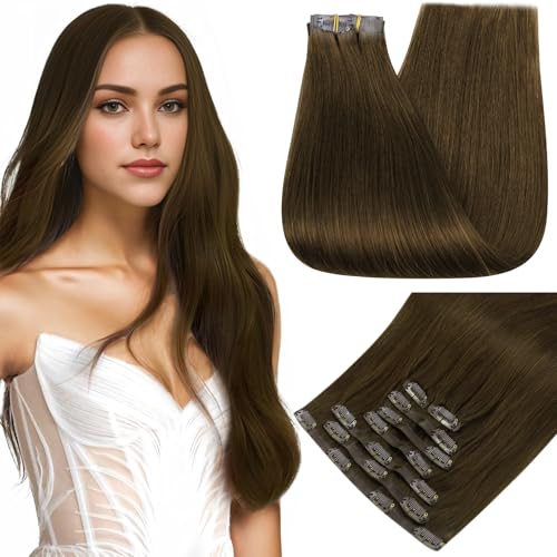 Image of Full Shine Seamless Clip in Hair Extensions Human Hair, Natural Brown | Hair Extension Clip ins, 12 Inch, 95g, 8 Pcs, Straight PU Weft, Fine Hair, Lightweight Daily Wear