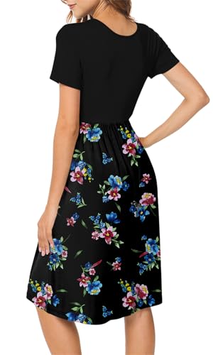 Image of DB MOON Women Summer Casual Short Sleeve Dresses Empire Waist Dress with Pockets