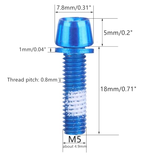 Image of Steel M5x18mm Bolts with Washer, Allen Hex Tapered Screw for Bicycle Stem, Pack of 6 (Blue)