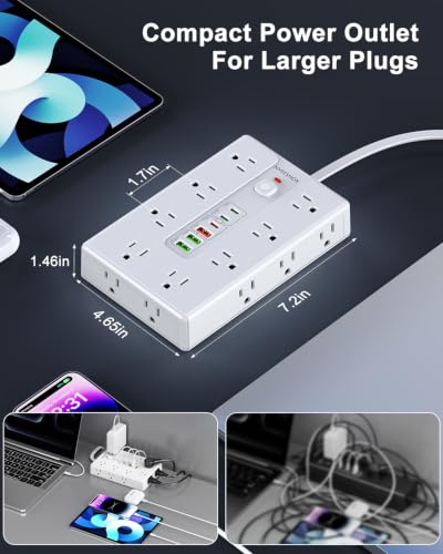 Image of Surge Protector Power Strip 6.5 FT Cord with 16 AC Outlets 6 USB-C Ports | Extension Cord with Multiple Outlets, Desktop Charging Station, Flat Plug Outlet Extender for Home Office Dorm