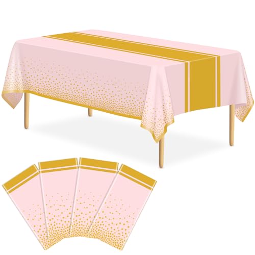 Image of 4 Pack Pink and Gold Tablecloth Party Decorations Plastic Pink Tablecloth Printed Gold Table Runner 54 x108 Inch Disposable Rectangle Table Cover for Birthday Wedding Graduation Anniversary
