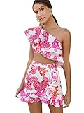 Floerns Women's 2 Piece Outfit One Shoulder Crop Top with Ruffle Trim Skirt Set Pink Print M