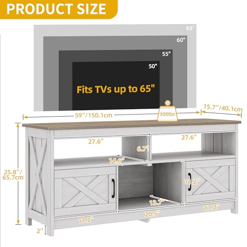DWVO Farmhouse TV Stand for Television up to 65 Inch, Entertainment Center with Power Outlets and Open Shelf, Rustic TV Cabinet Media Console Table for Living Room, Grey White/Grey Wash, 59 Inches