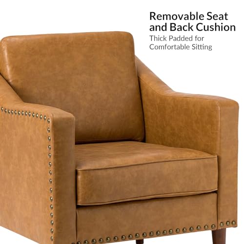 HULALA HOME Faux Leather Accent Armchairs Set of 2 with Back & Seat Cushions, Traditional Club Chairs with Nailhead Trim, Comfy Upholstered Sofa Chairs for Living Room Bedroom, Camel - Thumbnail 3
