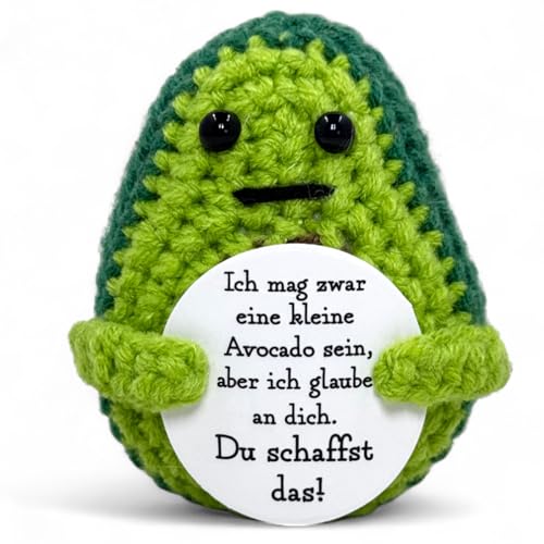MIJOMA Glücksbringer Positive Friends – handgefertigte Häkelfiguren mit motivierenden Botschaften, ideal als Mitbringsel Wegbegleiter Mutmacher (Avocado - Du schaffst das)