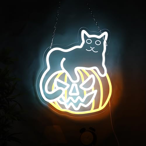 Image of Cat on Pumpkin Neon Sign for Halloween Party Decor, Dimmable LED Light for Playroom, Man Cave, Game Room, Bar - Halloween Gifts