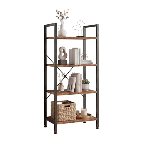 Image of DUMOS 4-Tier Bookshelf, Modern Tall Bookcase, Open Storage Display Shelf for Living Room, Bedroom, Home Office, Narrow Standing Shelving Unit for Books, CDs, Decor,Brown