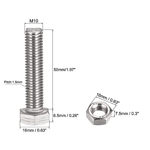 Image of uxcell M10 x 50mm Hex Head Screws Bolts, Nuts, Flat & Lock Washers Kits, 304 Stainless Steel Fully Thread Hexagon Bolts 4 Sets