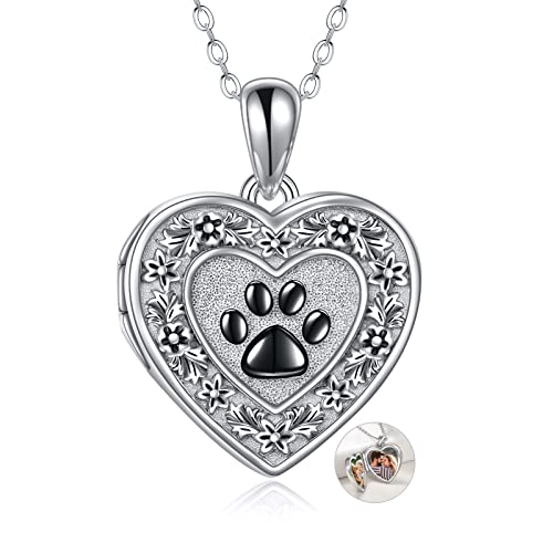 URONE Herz Medaillon Halskette Sterling Silber Hund Pfote Drucken Medaillon Halskette Bilder hält Pet Medaillon für Frauen Mädchen