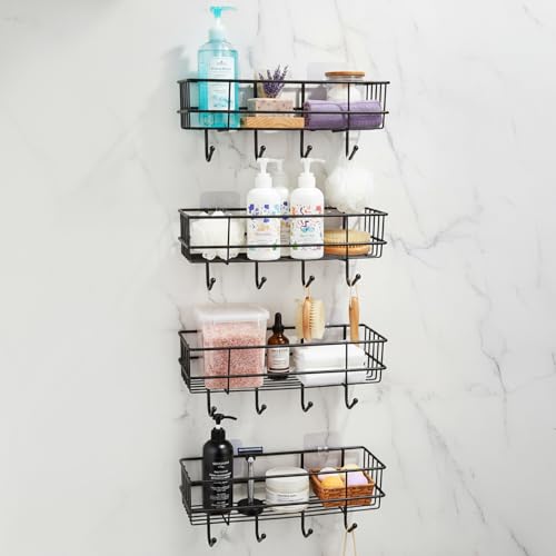 Image of Amazon Basics Self-Adhesive Wall Shelf - No-Drill Multipurpose Bathroom /Kitchen Organizer with Hooks and Towel Holder, Rust Proof GI Steel Organizer | Black, 28.2 x 9.8 x 11.5 cm, Pack of 4