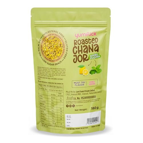 Image of Yumflick Roasted Chana Jor Nimbu Pudina Flavour | Pack of 2 x 180g | High Protein & Fibre | Roasted Not Fried | Gluten-Free | No MSG | No Palm Oil | Zero Cholesterol | Tangy Spicy Anytime Snack