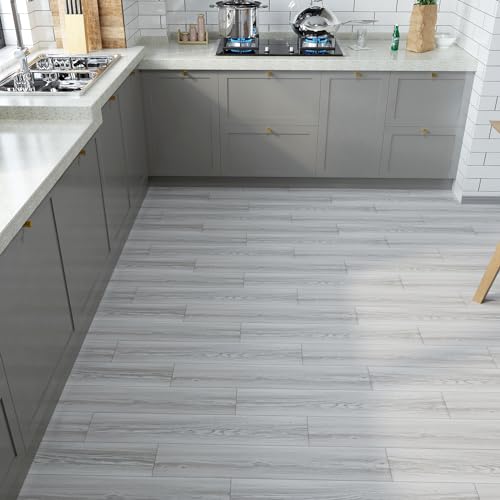 VaryPaper Piastrelle Adesive Pavimento Effetto Legno Grigio Chiaro 90cmx15cm 10 Pezzi Parquet Laminato Incastro Mattonelle Adesive Cucina Linoleum Pavimento Rotolo Soggiorno Pavimento Garage Scale