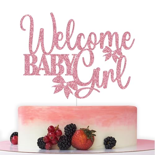 Welcome Baby Girl Cake Topper, Girls Baby Shower Decorations, It's a Girl, Bow Themed Baby Shower 1st Birthday Party Decorations, Pink Glitter