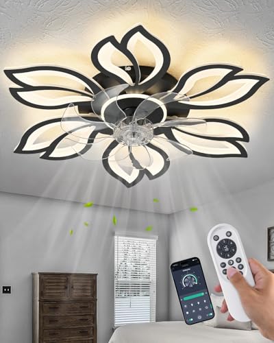 Rjieoc Modern Flower Petal Ceiling Fan with Light Low Profile Flush Mount LED Fandelier with 3-Color Dimmable Light & 6-Speed Remote Quiet Bladeless Fan for Bedroom/Living Room Black