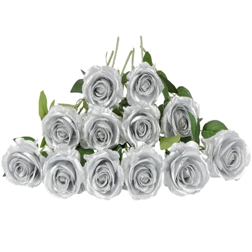 Laelfe Lot de 12 roses artificielles en soie à longue tige pour décoration de maison, mariage, salle de bain, cuisine (argenté)