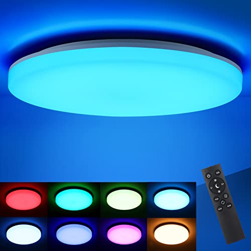 Lámpara de techo LED RGB regulable con mando a distancia, 36 W, 3600 lm, regulable, con cambio de color RGB, 7 colores de luz, IP54, para baño, salón, dormitorio, habitación de los niños, redonda Cover