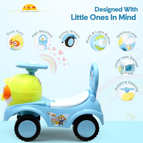 Image of Toyzone Duck Pilot Baby Ride on - Blue | Car for Kids | Toddlers Push Car with Backrest | Music & LED Light | Under Seat Storage | for Kids 2+ Years