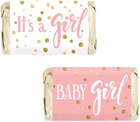 Pink and Gold It's a Girl Baby Shower Mini Candy Bar Wrappers - 45 Stickers