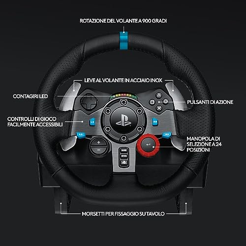 Logitech G29 Driving Force Volante da Corsa con Pedali Regolabili, Ritorno di Forza Reale, Comandi Cambio in Acciaio Inossidabile, Volante in Pelle, Spina EU, Per PS5, PS4, PS3, PC, Nero