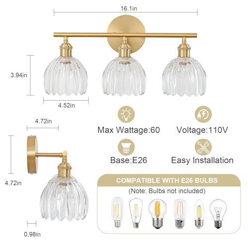 Image of Gold Bathroom Light Fixtures Over Mirror, 3 Light Bathroom Vanity Light with Tulip Transparent Glass Lampshade, Vintage Vanity Lights for Bathroom, Bathroom Vanity Lights Over Mirror