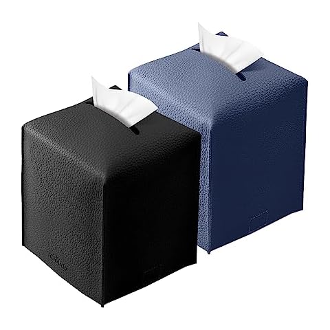 Tissue Box Cover, Tclouda, Modern PU Leather Square Tissue Box Holder for Creative Decorative, 2 Pack, Ideal for Bathrooms/Office/Nightstand Tent/Dining Table, 5"X5"X5", Black&Navy Blue Cover