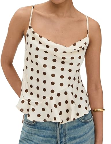 Womens Polka Dot Satin Tank Tops Cowl Neck Tie Back Sleeveless Shirt Asymmetrical Ruffle Hem Camisole Crop Tops