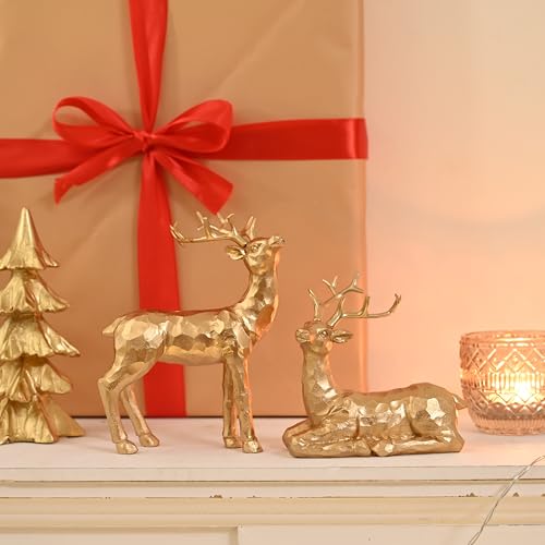 Aomoonoa 2Pcs Resin Reindeer Figurines For Christmas Decor Gold Tabletop Reindeer Statues Small Decorative Deer Figurines For Indoor Christmas Tabletop Mantle Decorations cover