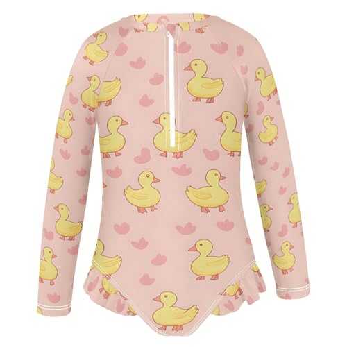 Cute Yellow Duck Pattern Girls Long Sleeve Swimsuit Rash Guard One Piece Bathing Suits Zipper 3-12T2