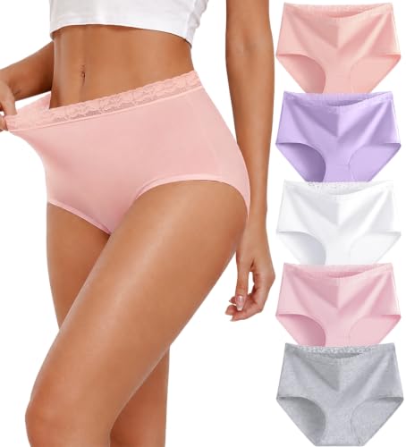 Image of UNDER THE SEA Cotton Underwear for Women High Waisted Lace Briefs Soft Breathable Womens Panties 5 Pack S-3XL