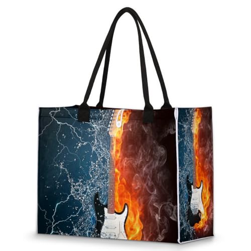 Guitar Music Fire Tote Bag for Women Large Beach Bag Reusable Tote Bags for Work Travel Beach Shopping