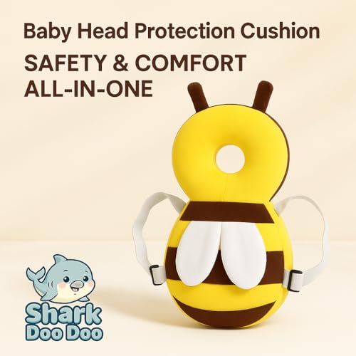 Image of Shark Doo Doo Baby Head Protector Cushion for 6-24 Months | Soft Plush Safety Backpack for Toddlers | Adjustable Straps, Anti-Fall Pillow for Infants (Yellow Bee)